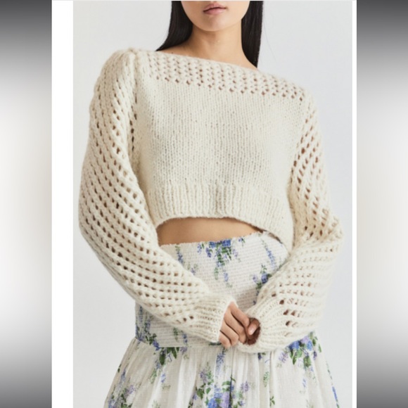 NWT 445 LoveShackFancy Larson Crop Pullover White Antique baby alpaca Size XL - Picture 2 of 14